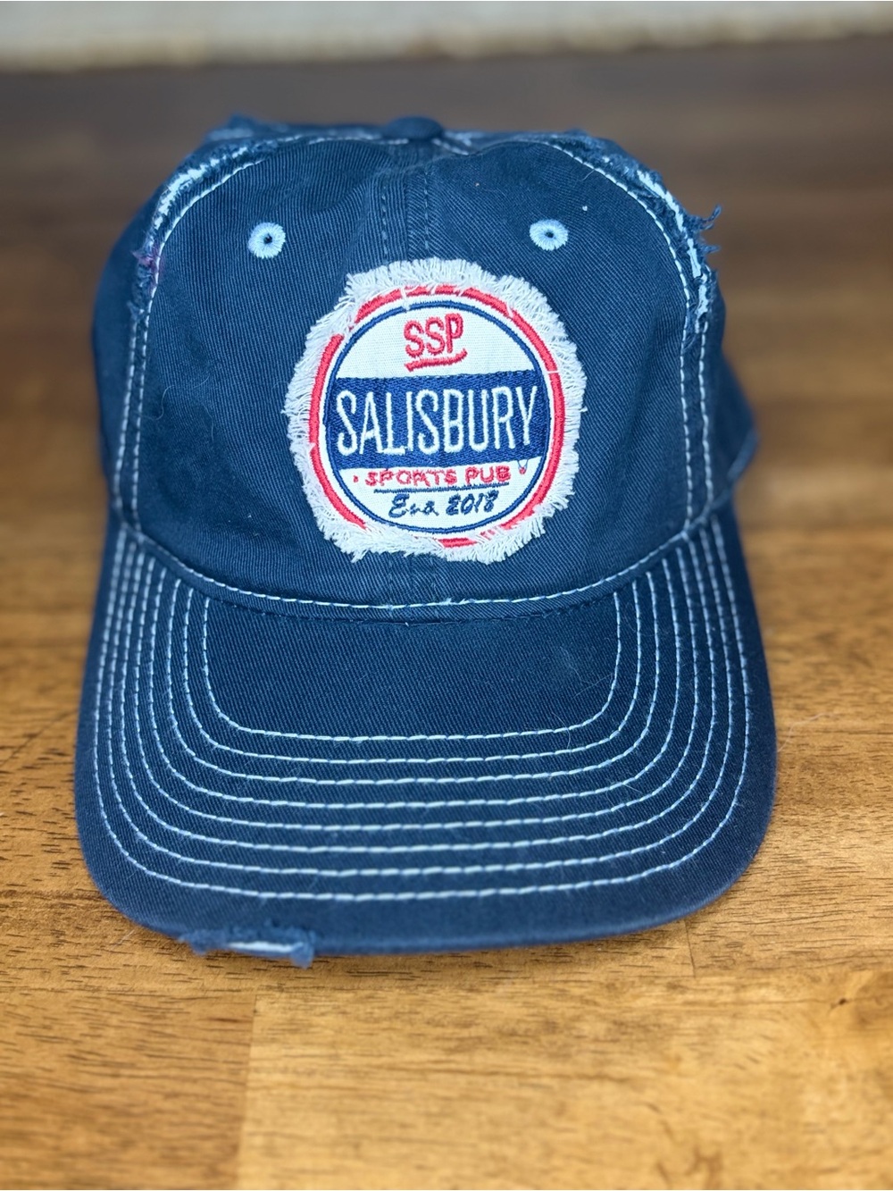 Salisbury Sports Pub Distressed Navy Baseball Cap,SSP Patch,Vintage‑Style Hat